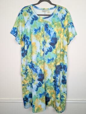 LOGO Lori Goldstein Dress French Terry Tee Tie Dye Boho Blue Green Size XL